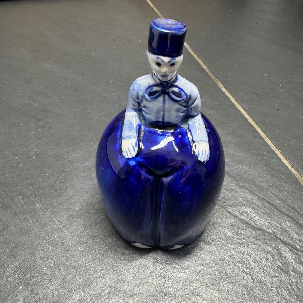 Vintage Hand Painted Dutch Boy Ceramic Bell Cobalt Blue White 4 Inch